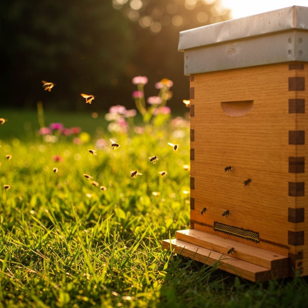 Quality wooden beehive in a beautiful apiary